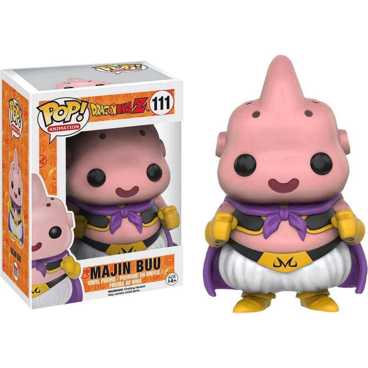 Majin Buu Funko Pop Figur in der Box. Rosa Haut, lila Umhang, gelbe Handschuhe, glückliches Gesicht.