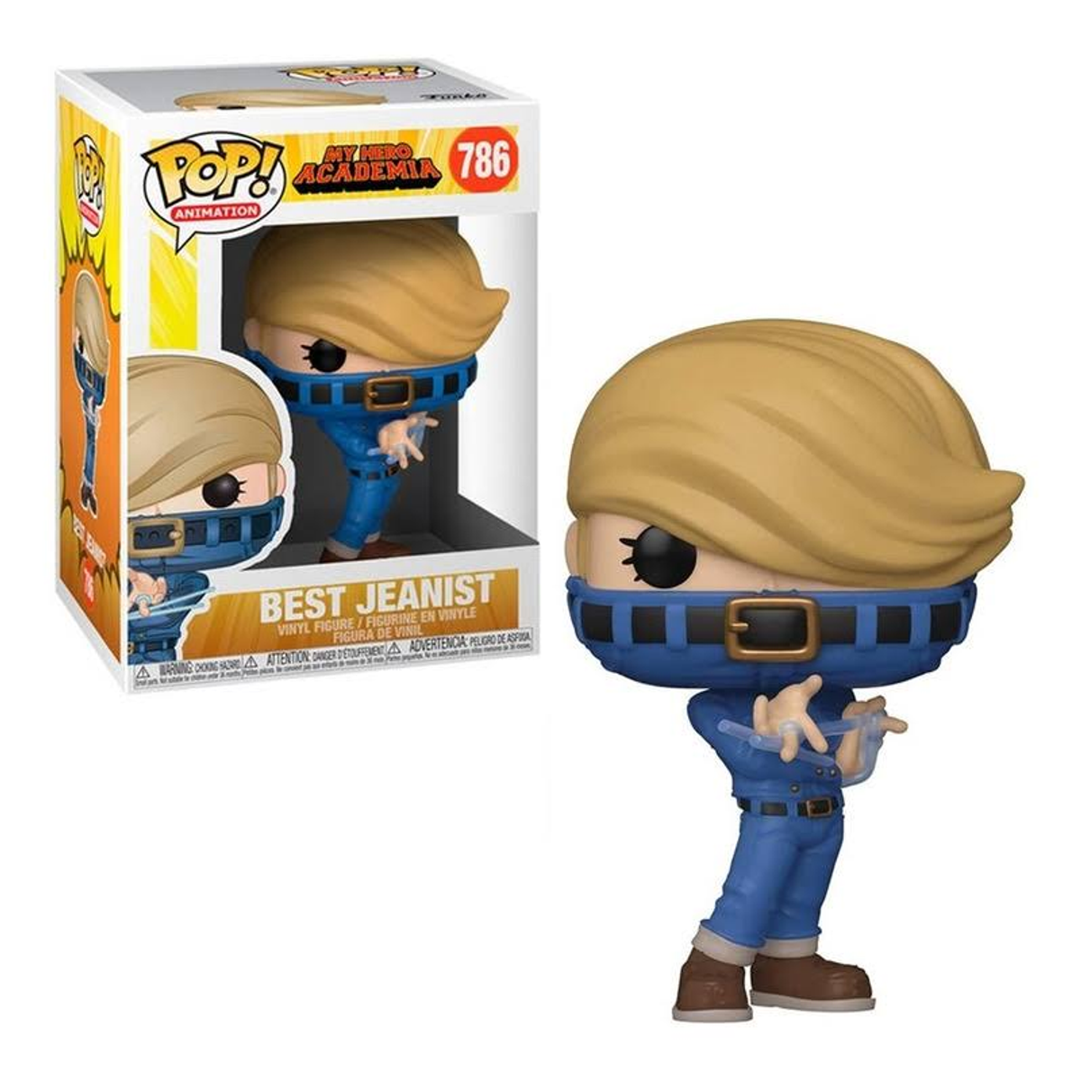 Una statuina di My Hero Academia Best Jeanist, in una scatola. La statuina indossa jeans e una maschera blu.