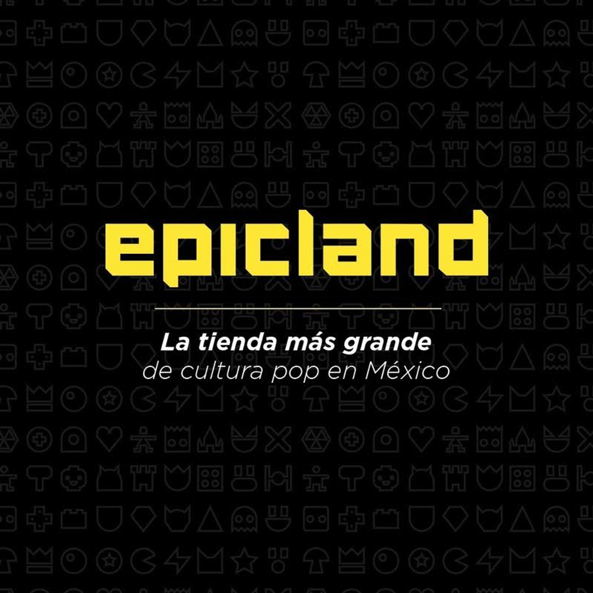 Logo di 'epicland' in carattere giallo con sfondo nero pieno di icone.