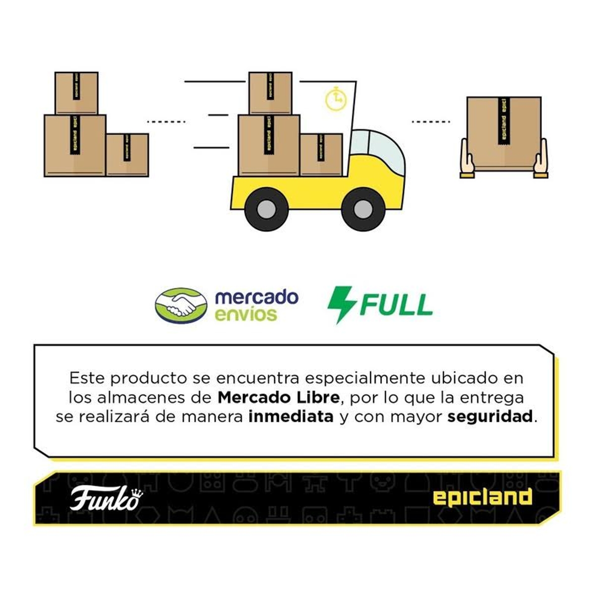 Scatole consegnate da un camion giallo. Testo su Mercado Envíos e consegna Funko Pop.