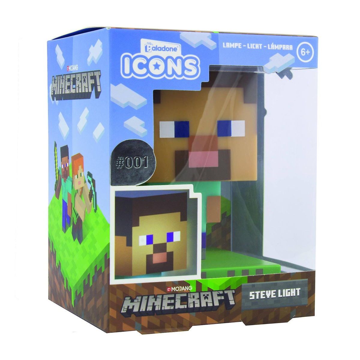 Caja de luz Minecraft Steve, con figura de Steve, sobre fondo blanco, en una caja.