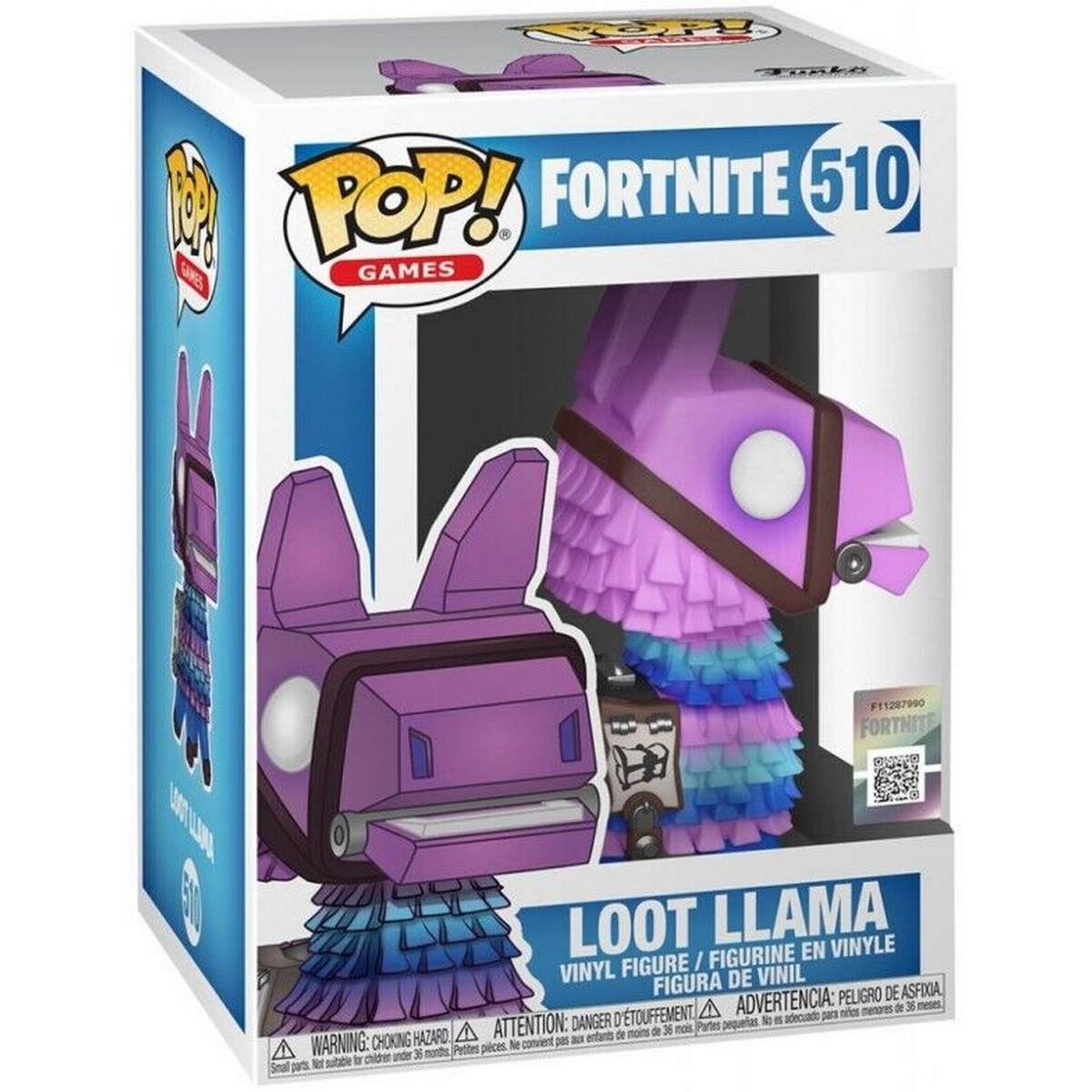 Eine Fortnite Loot Llama Figur in einer Box. Die Figur ist lila und hat eine blaue Mähne.