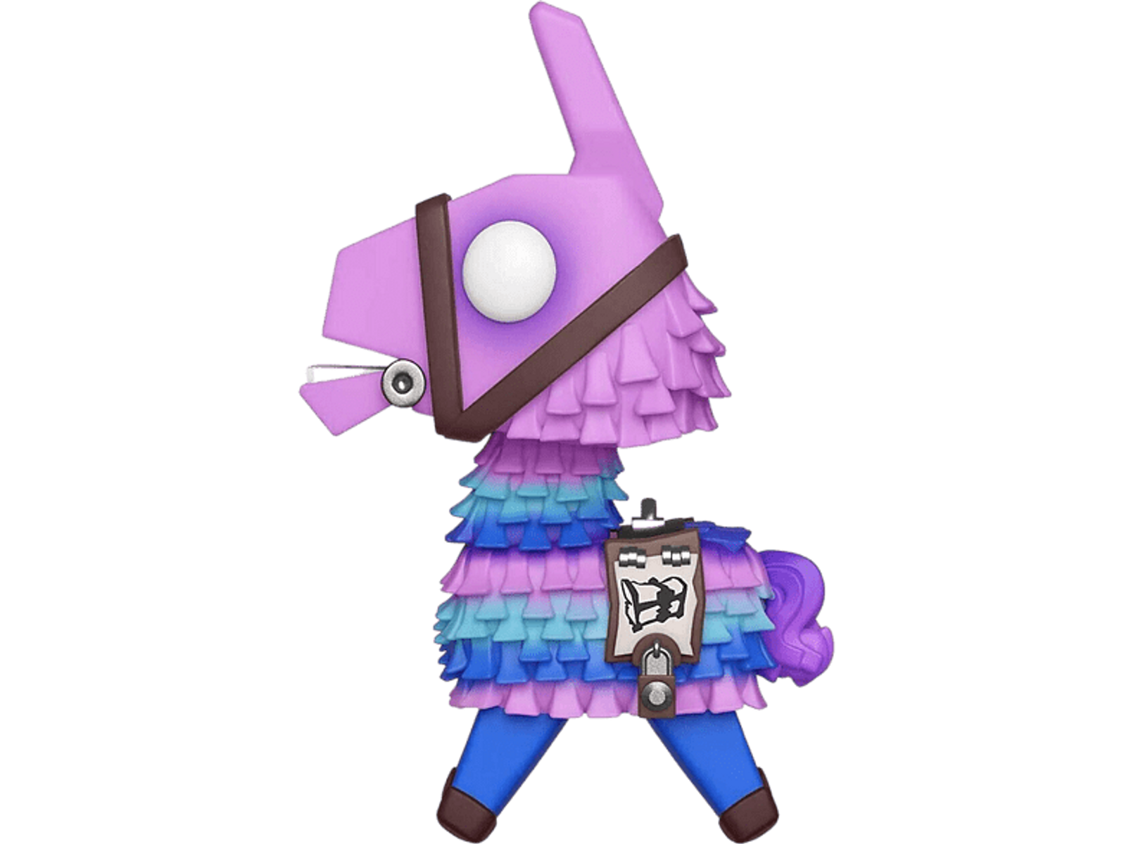 Eine lila Lama-Piñata. Das Lama hat einen Sattel und ein Schild. Isoliert auf schwarzem Hintergrund.