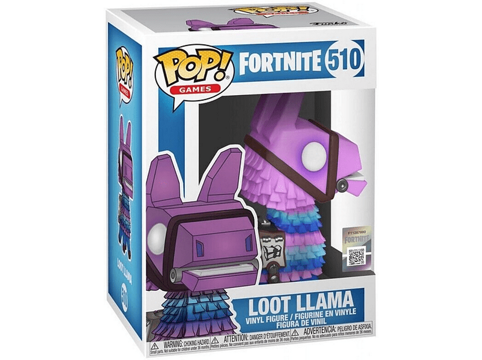 Fortnite Loot Llama Funko Pop Figur in der Box. Lila Lama mit buntem Fransen und blauen Akzenten.