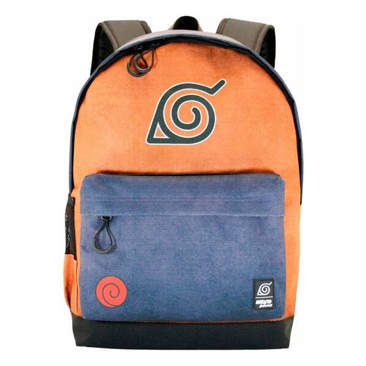Oranger Naruto-Rucksack mit einer blauen Vordertasche. Er hat das Naruto-Logo und ein schwarzes Spiral-Symbol.