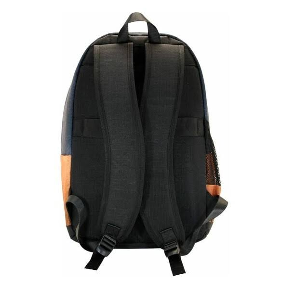 Schwarzer und blauer Rucksack mit braunen Akzenten und Trägern.