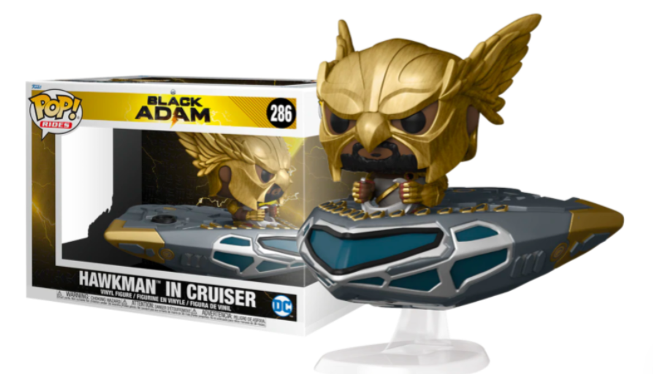 Funko Pop Figur von Hawkman in einem silbernen Fahrzeug, mit Box, die Figur zeigt.