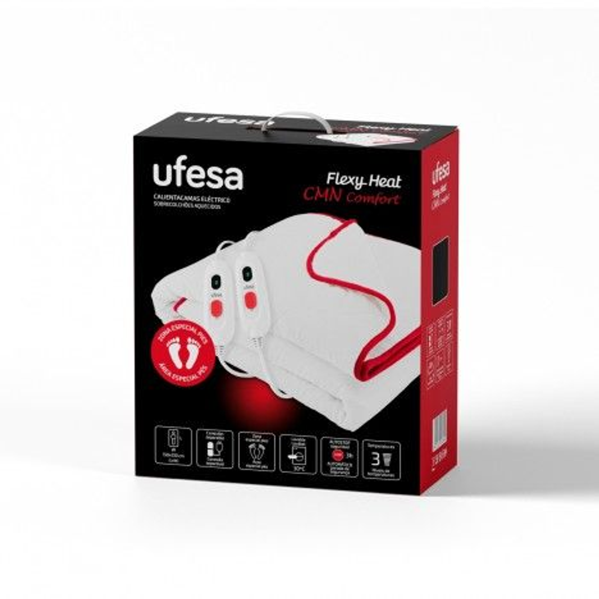 Caja con una manta eléctrica. El texto dice: 'Flexy-Heat CMN comfort', manta blanca con ribete rojo.