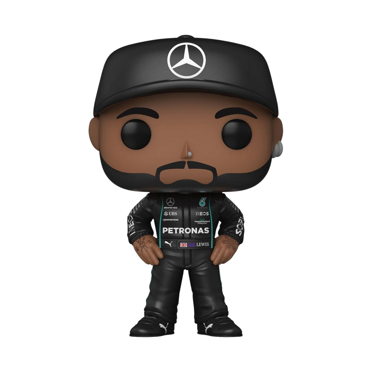 Figura Funko Pop di Lewis Hamilton in tuta e berretto neri, sfondo nero.
