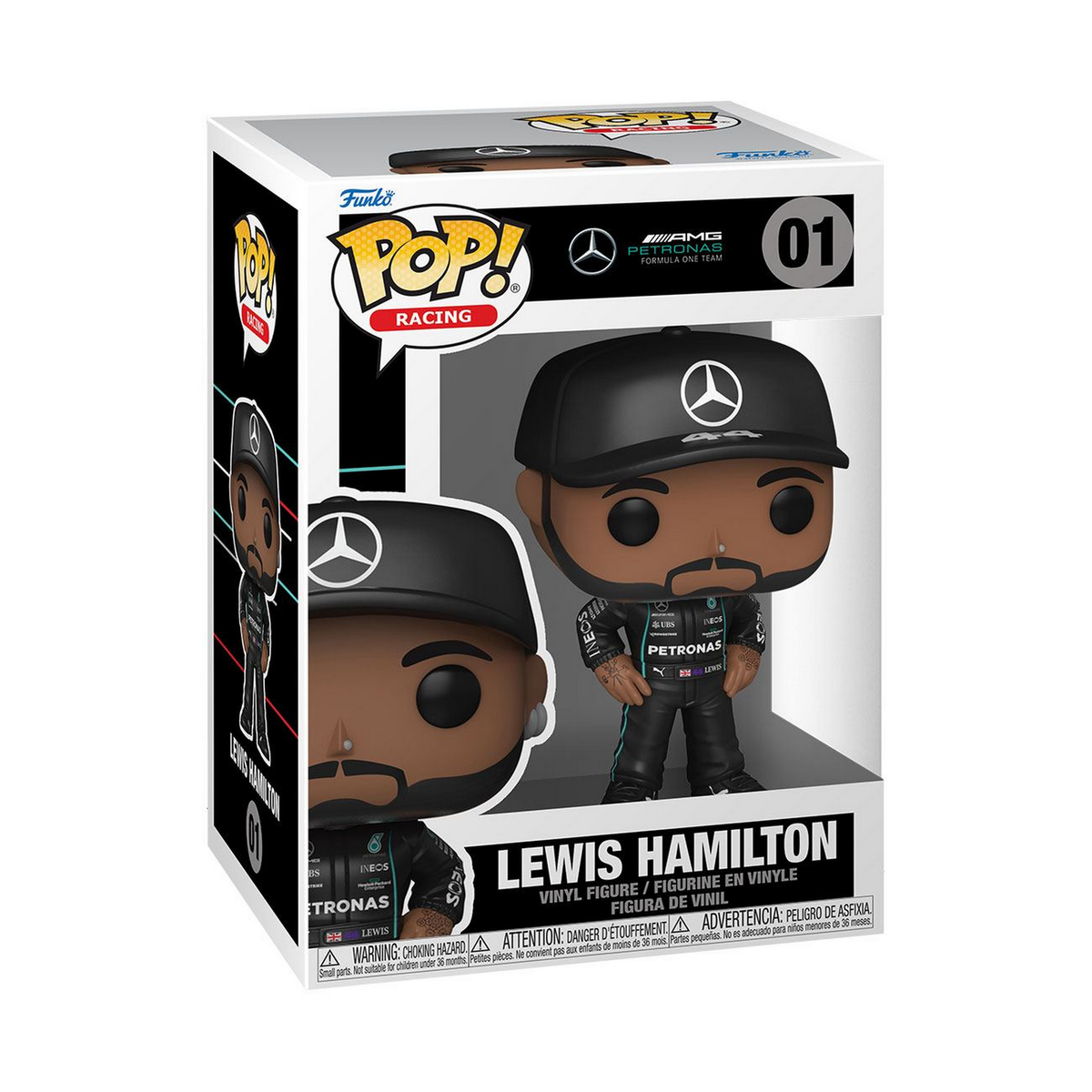 Figura Funko Pop di Lewis Hamilton in tuta da corsa, in una scatola.