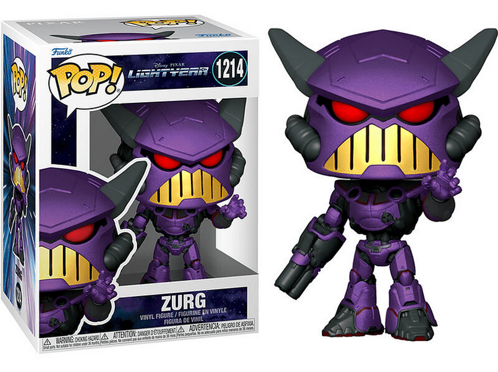 Figurka Zurg Funko Pop w pudełku, fioletowy robot z rogami.