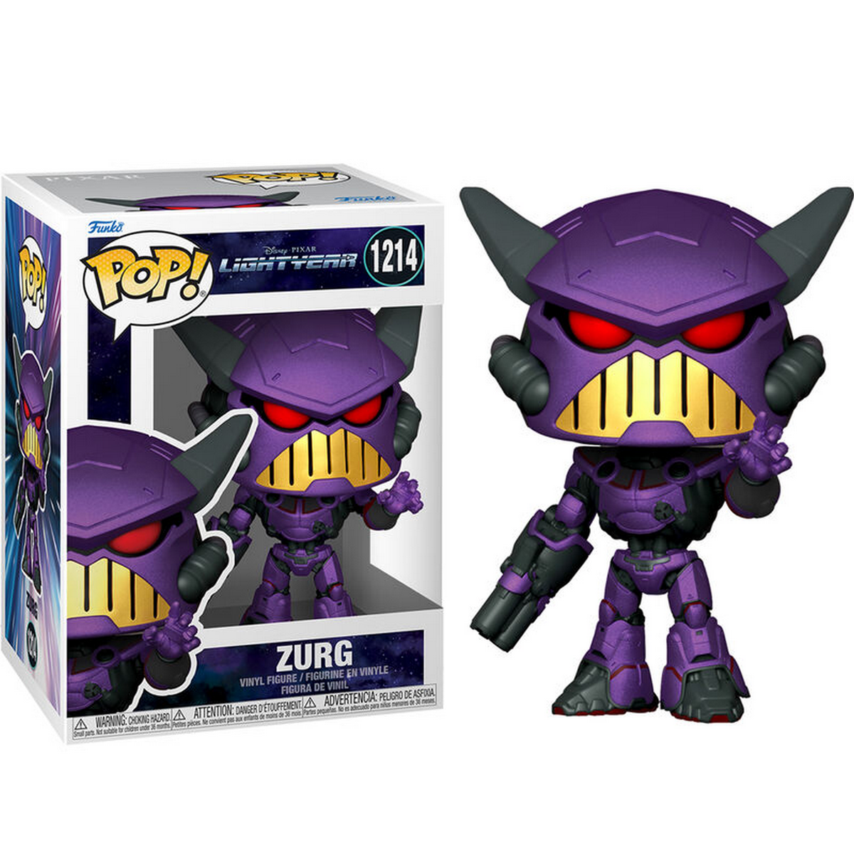 Figurka Zurg z filmu Lightyear, fioletowy robot z rogami. Białe tło.