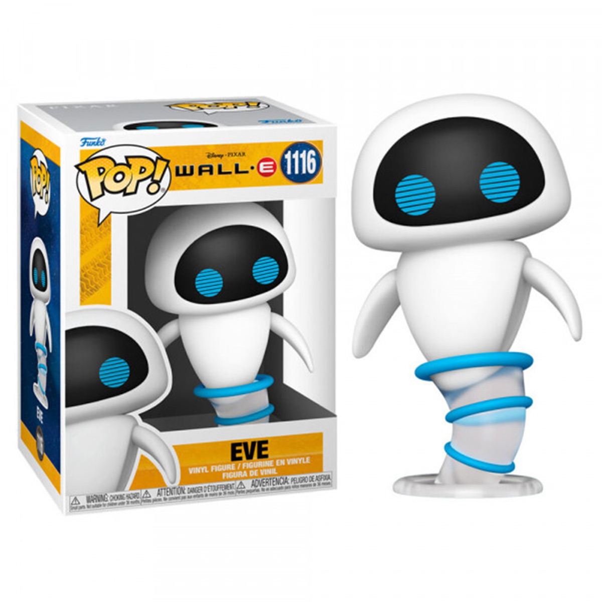 Personaggi Funko Pop di Wall-E e Eve, con scatola a sinistra. Eve è bianca con occhi blu.