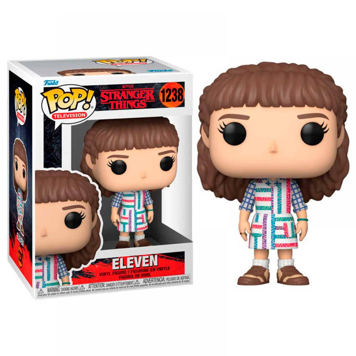 Figura Funko Pop di Eleven con scatola. La figura indossa un vestito.