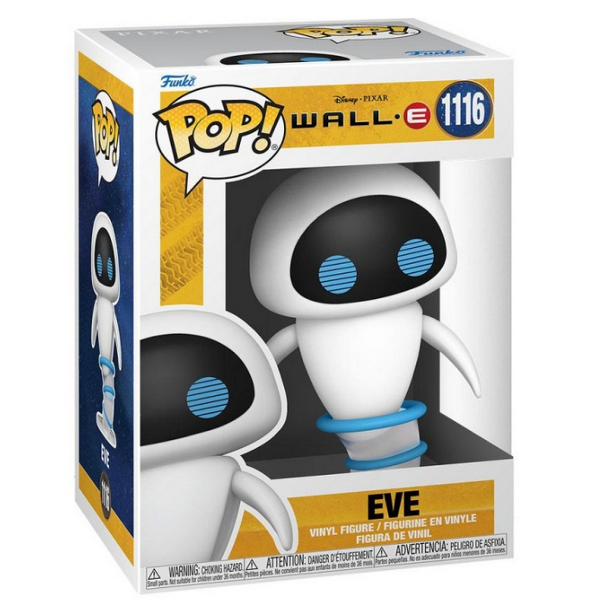Funko Pop! WALL-E figura in scatola. Robot bianco in custodia trasparente.