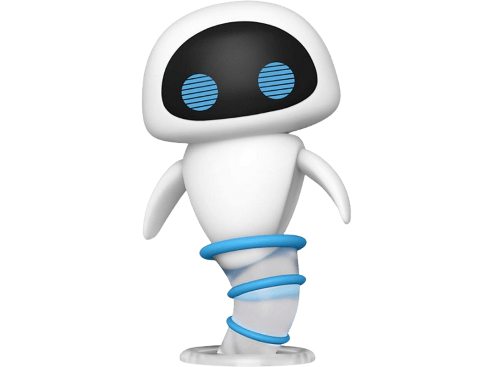 Figura del robot Eve bianca con dettagli blu, isolata su sfondo nero.
