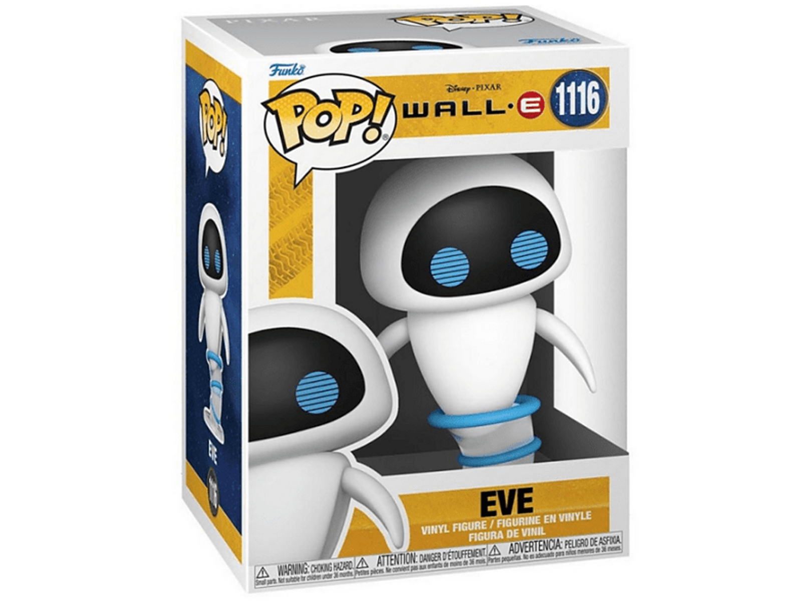 Scatola Funko Pop di Eva di WALL-E, robot bianco con anello blu, occhi neri.