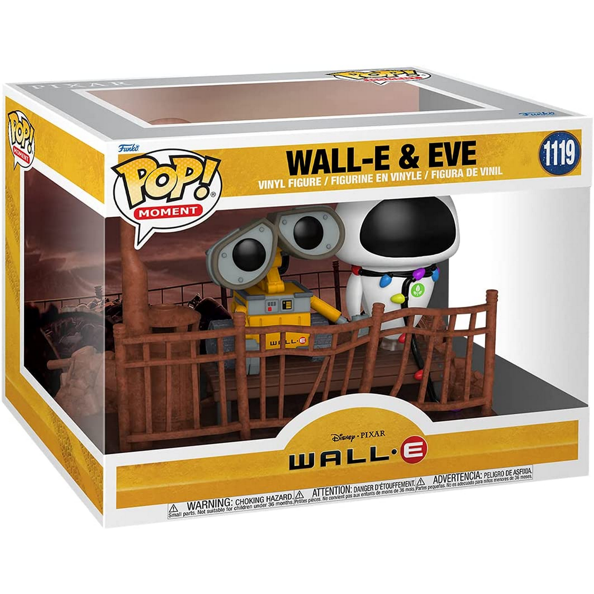 Set de caja Funko Pop de Wall-E y Eva, mostrando los personajes en plataforma de madera, en embalaje.
