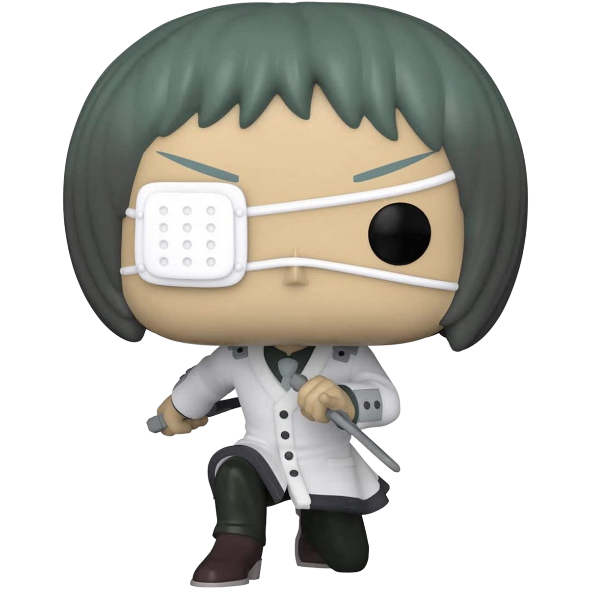 Figura Funko Pop di un personaggio di Tokyo Ghoul. Indossa un camice bianco, impugnando due lame.