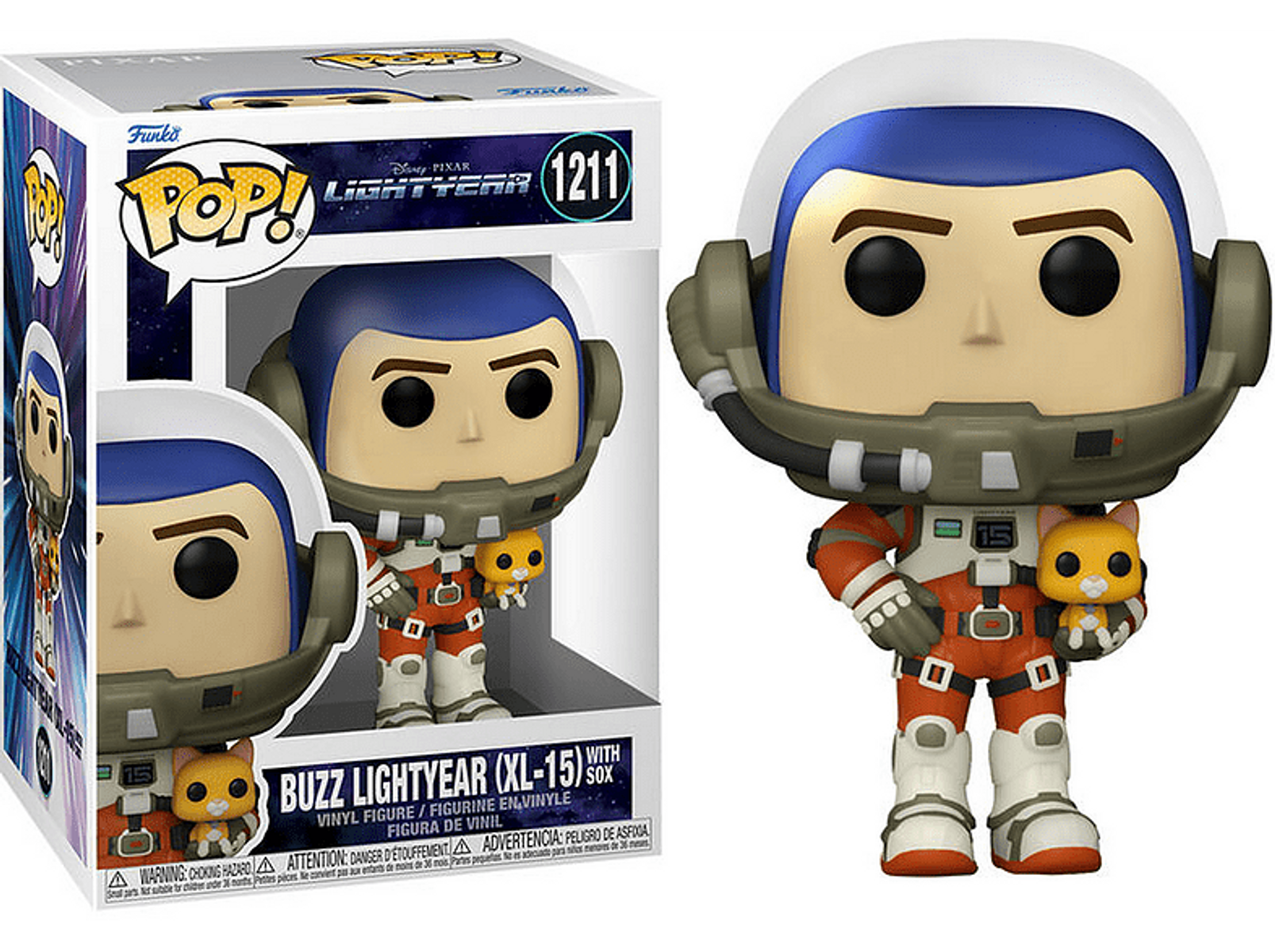 Figura di Buzz Lightyear, in una scatola con una figura fuori dalla scatola. Entrambi indossano tute da astronauta.