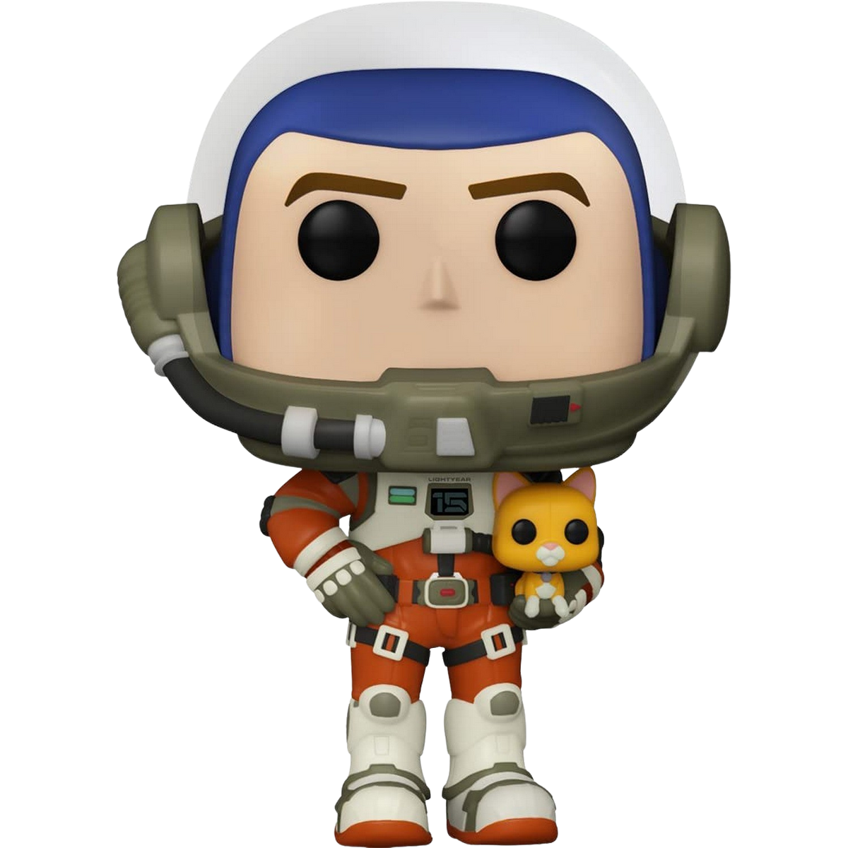 Figura Funko Pop di Buzz Lightyear che tiene in mano un piccolo alieno. Indossa una tuta spaziale.