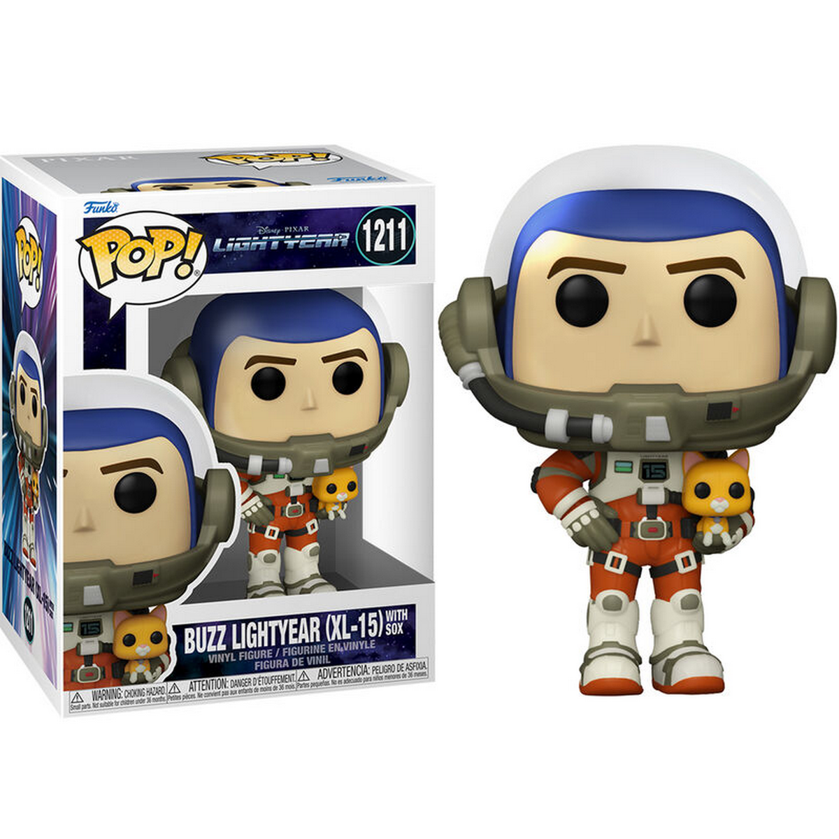 Figura di Buzz Lightyear in una scatola, con un piccolo giocattolo a forma di gatto. La figura indossa una tuta spaziale e un casco.