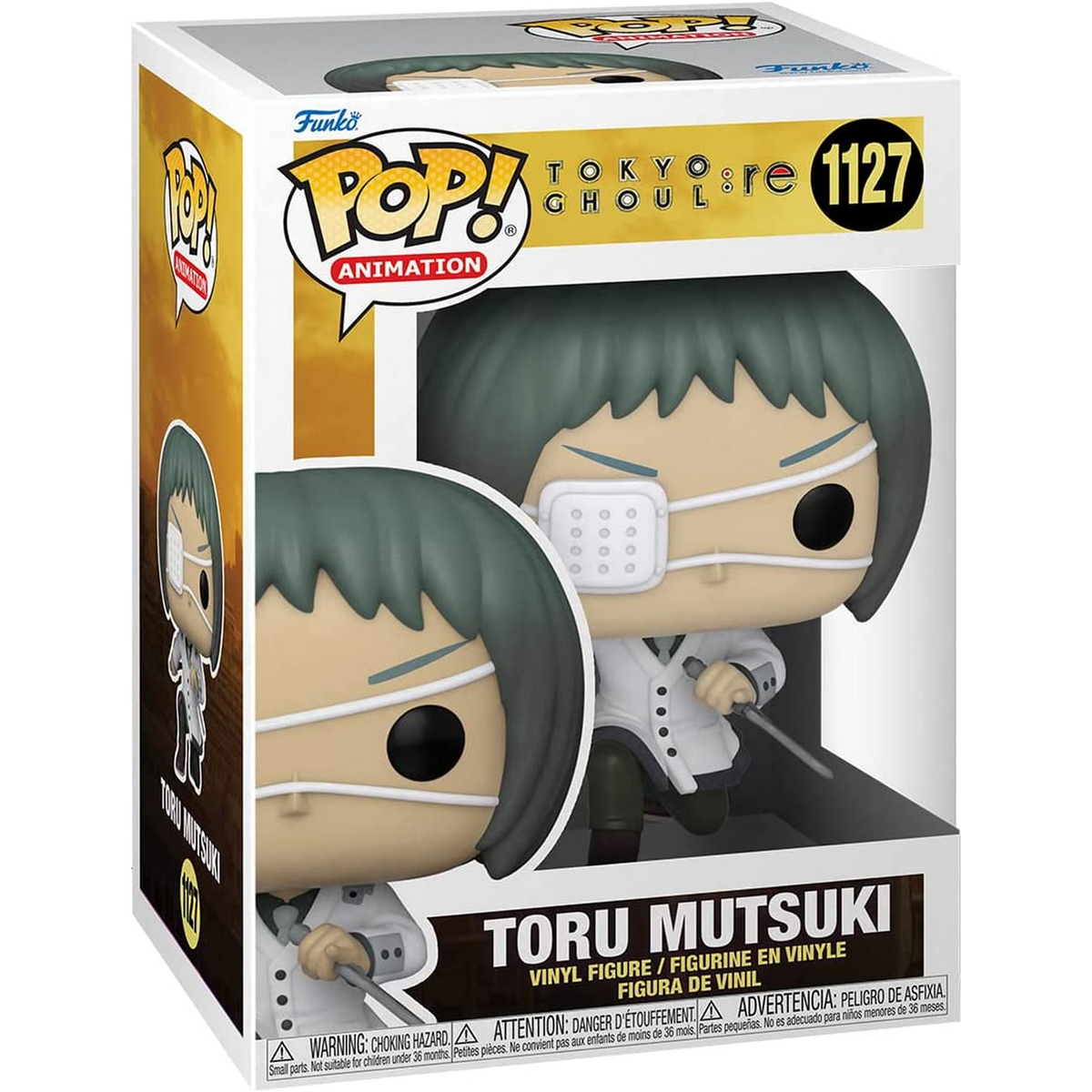 Funko Pop di Toru Mutsuki da Tokyo Ghoul in una scatola espositiva. Toru ha i capelli verdi e una benda.