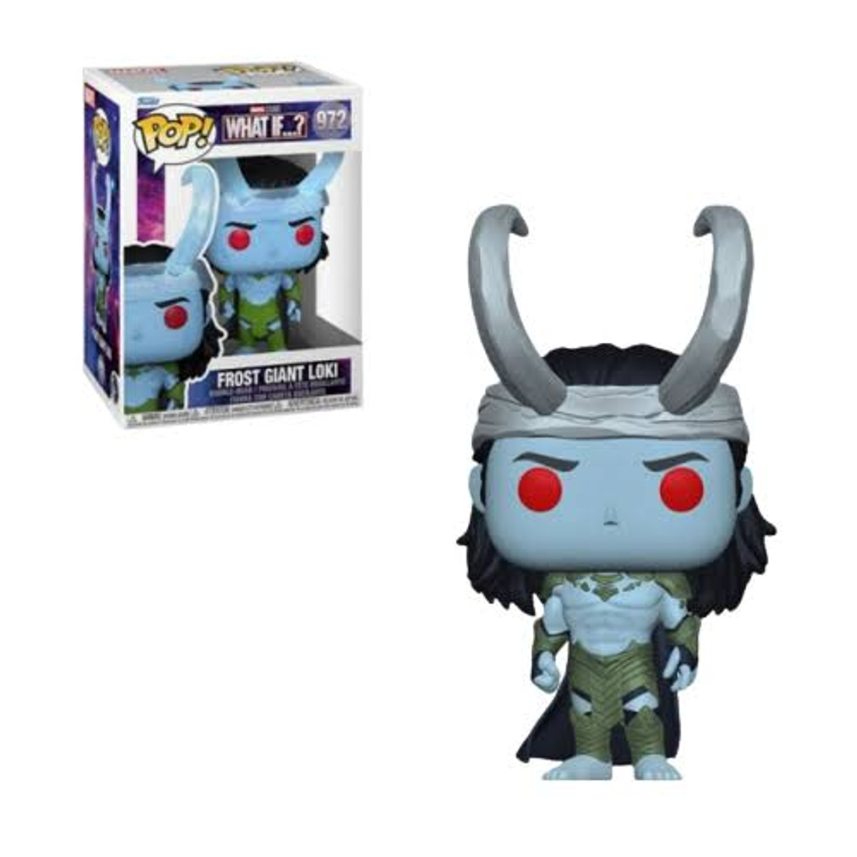 Funko Pop! Statuetta e scatola di Frost Giant Loki. La statuetta ha corna, pelle blu, occhi rossi.
