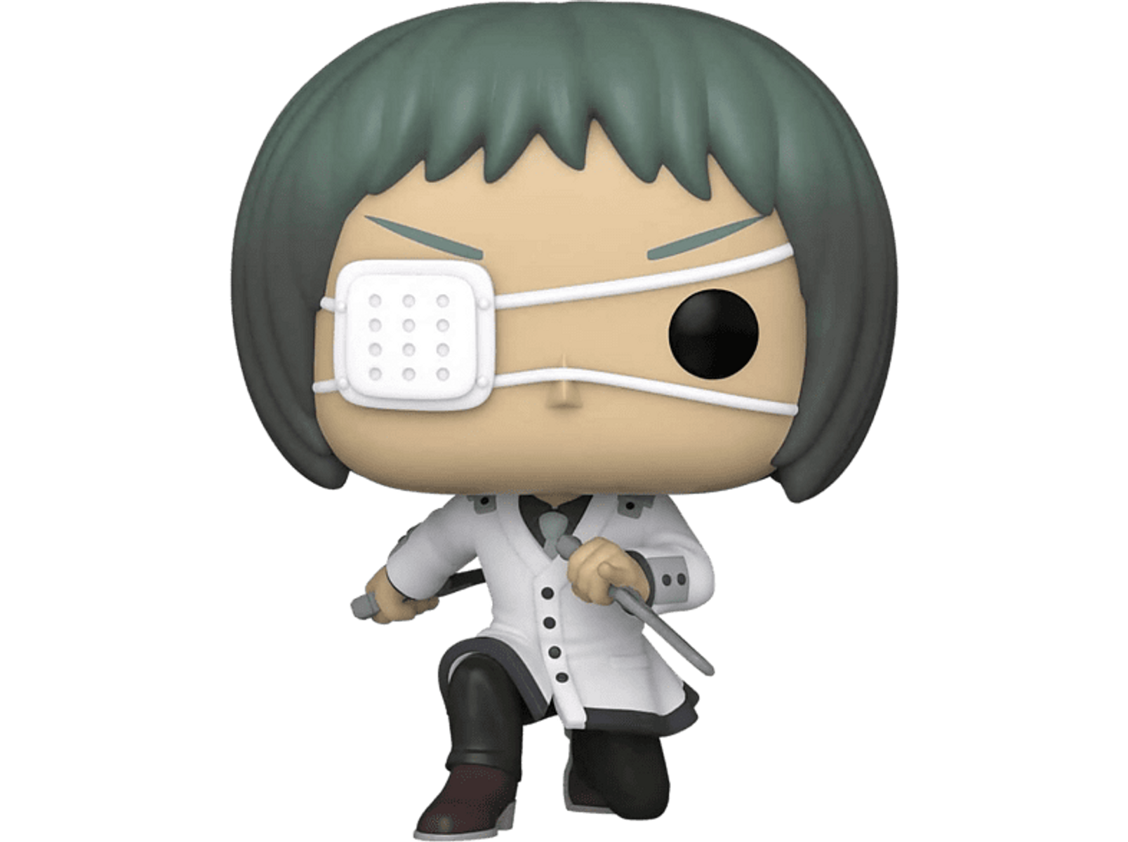 Una figura Funko Pop di un personaggio manga con benda sull'occhio e camice bianco. Sfondo nero.
