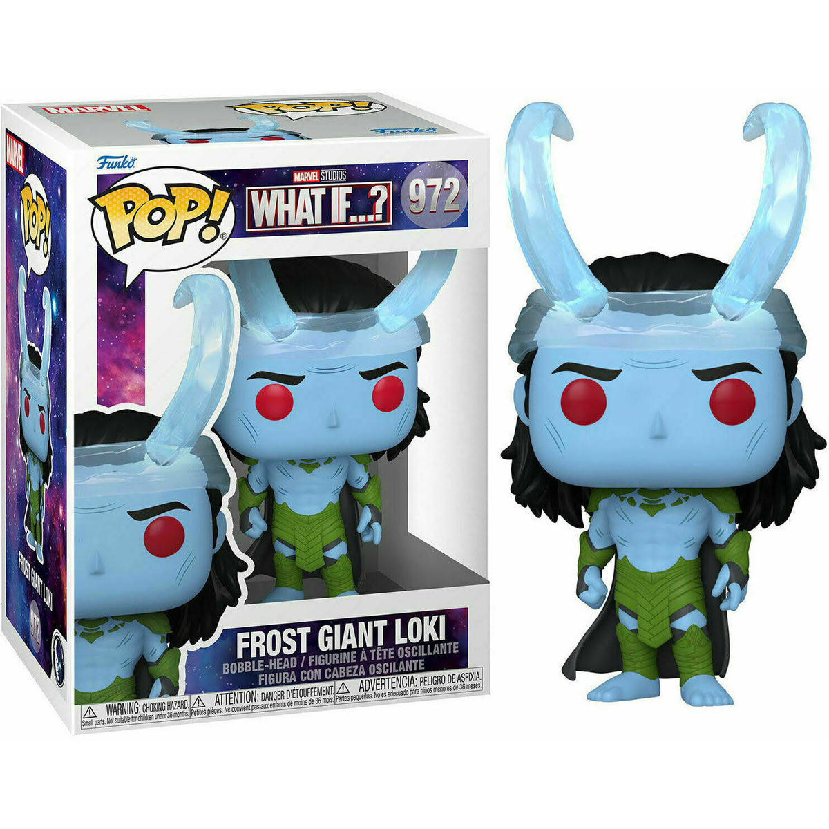 Una figura Funko Pop di Frost Giant Loki in una scatola, con un design blu e verde.