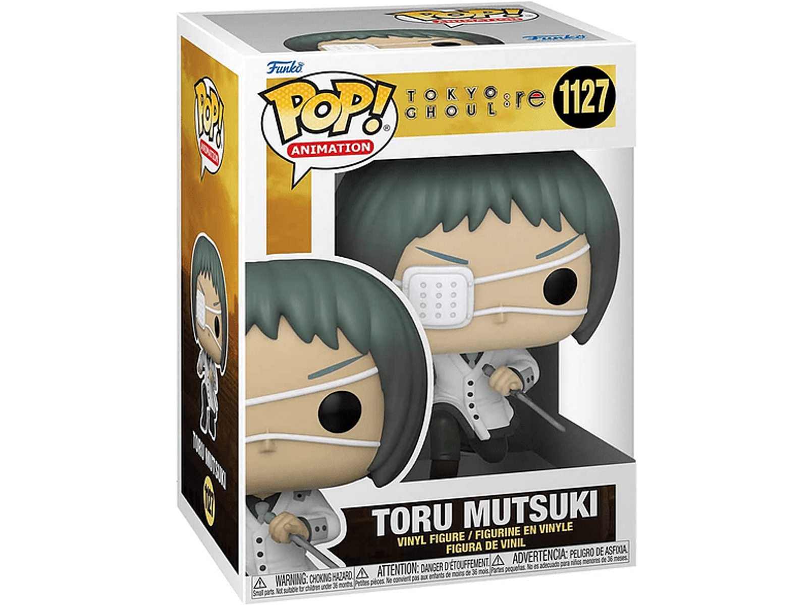 Figura Funko Pop di Toru Mutsuki da Tokyo Ghoul.  Fascia bianca sull'occhio, che tiene un coltello.