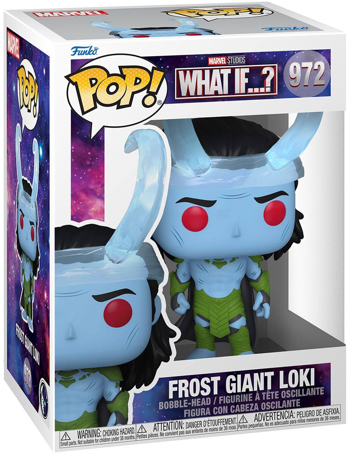 Figura Funko Pop di Loki in scatola. Figura blu di Loki Gigante di Ghiaccio con occhi e corna rosse.