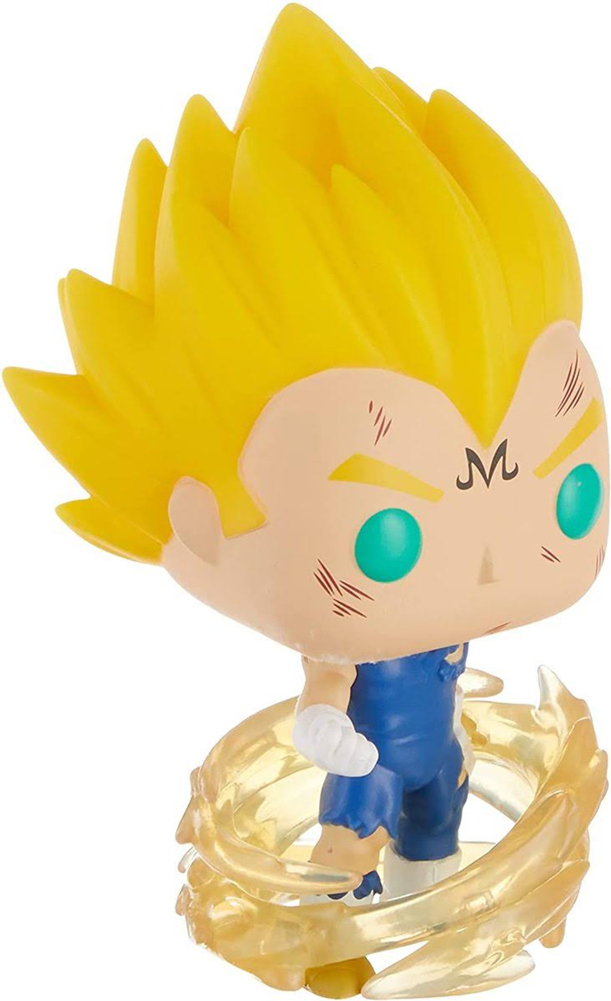 Een Vegeta-figuur. Hij heeft blond stekelig haar, blauwe kleding en wordt omringd door een gele energie aura.