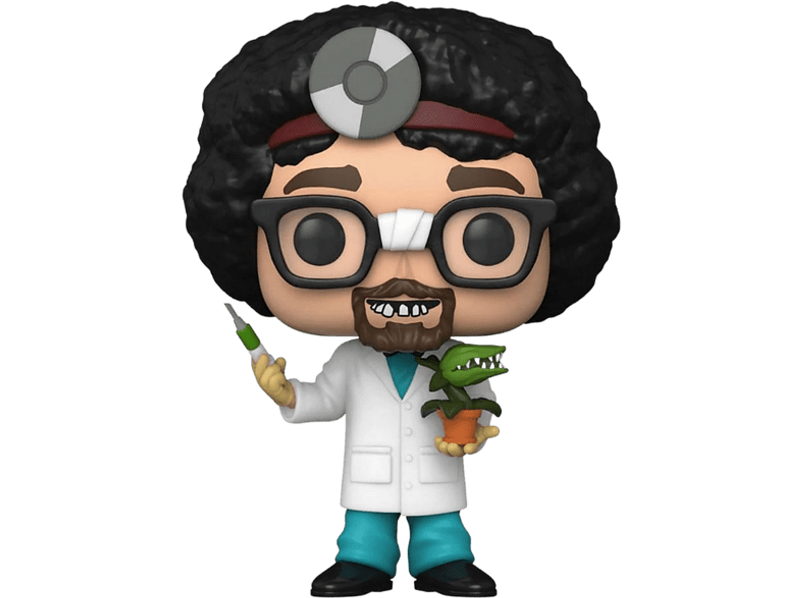 Figurka Funko Pop dr. Emmetta Browna. Biały fartuch laboratoryjny, okulary i szalone włosy. Trzymając roślinę.