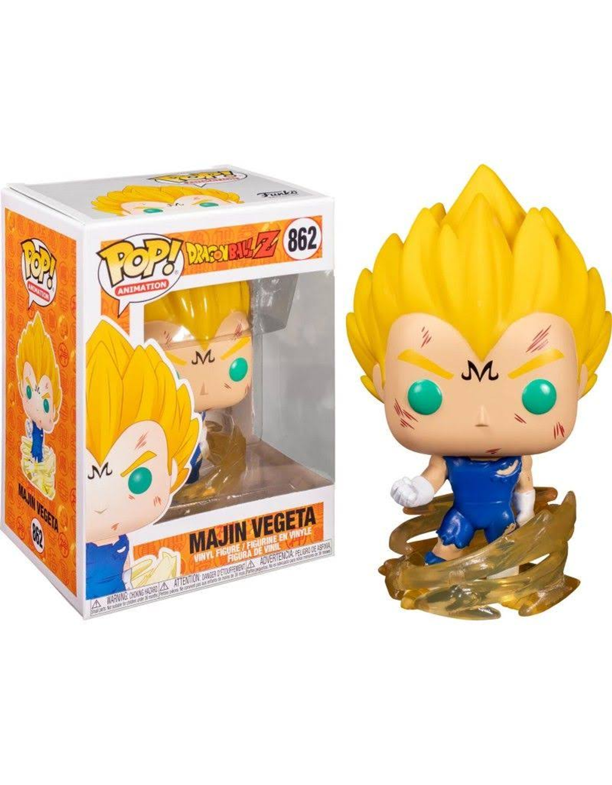 Een Majin Vegeta Funko Pop-figuur in een doos, met geel haar.