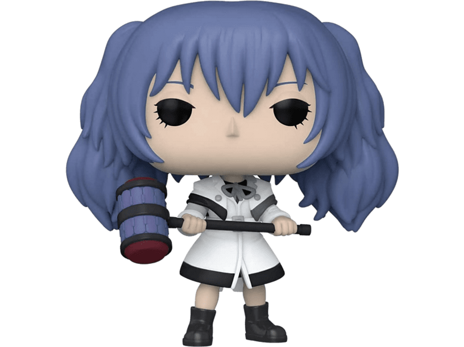 Eine Funko Pop Figur eines weiblichen Anime-Charakters in weißem Outfit, der einen Hammer hält.