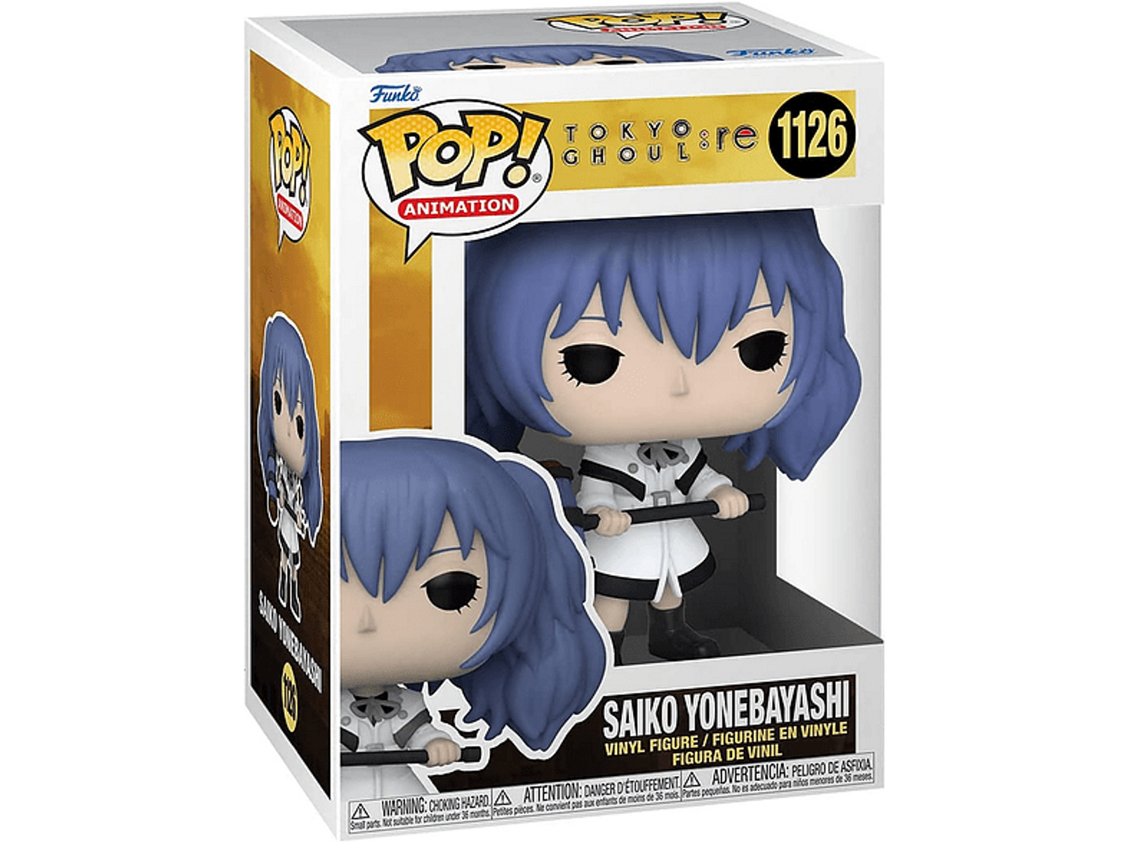 Funko Pop Figur von Saiko Yonebayashi aus Tokyo Ghoul, die eine Waffe hält, in einer Vitrine.
