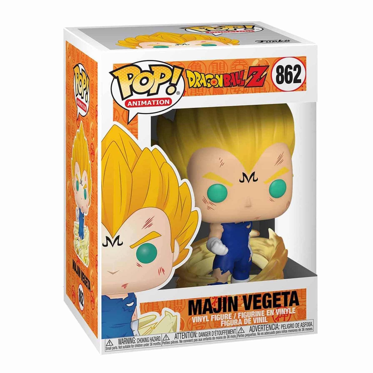 Majin Vegeta figuur in een doos. De figuur staat in een dynamische pose.