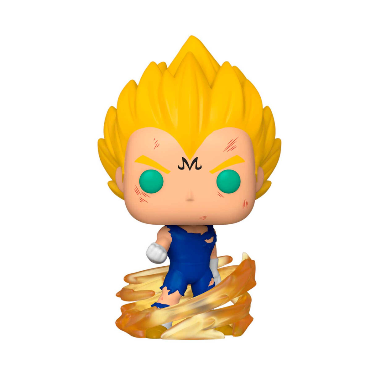 Vegeta Funko Pop figuur in gevechtshouding, met geel haar en een blauw pak.