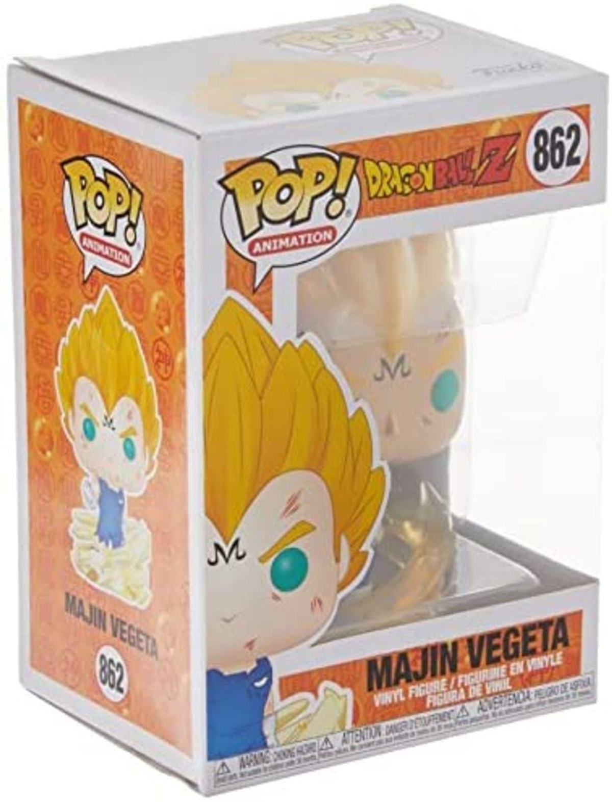 Majin Vegeta Funko Pop figuur in doos. De figuur heeft geel haar en staat in een pose.