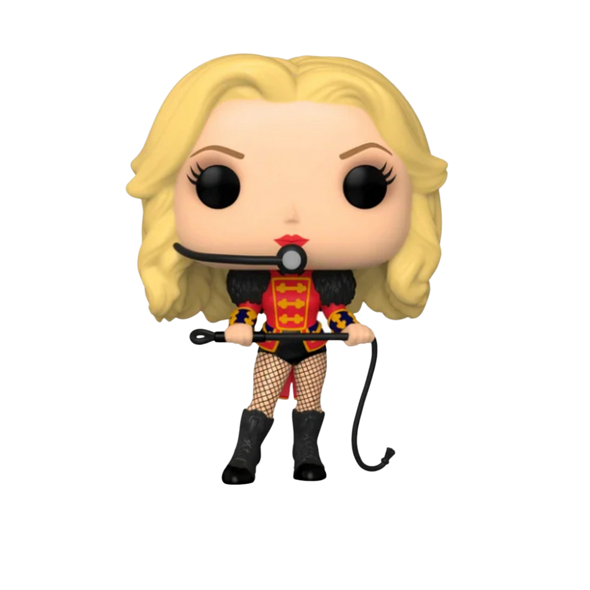 Figura Funko Pop di una donna bionda in un completo rosso e nero. Ha un microfono e una frusta.