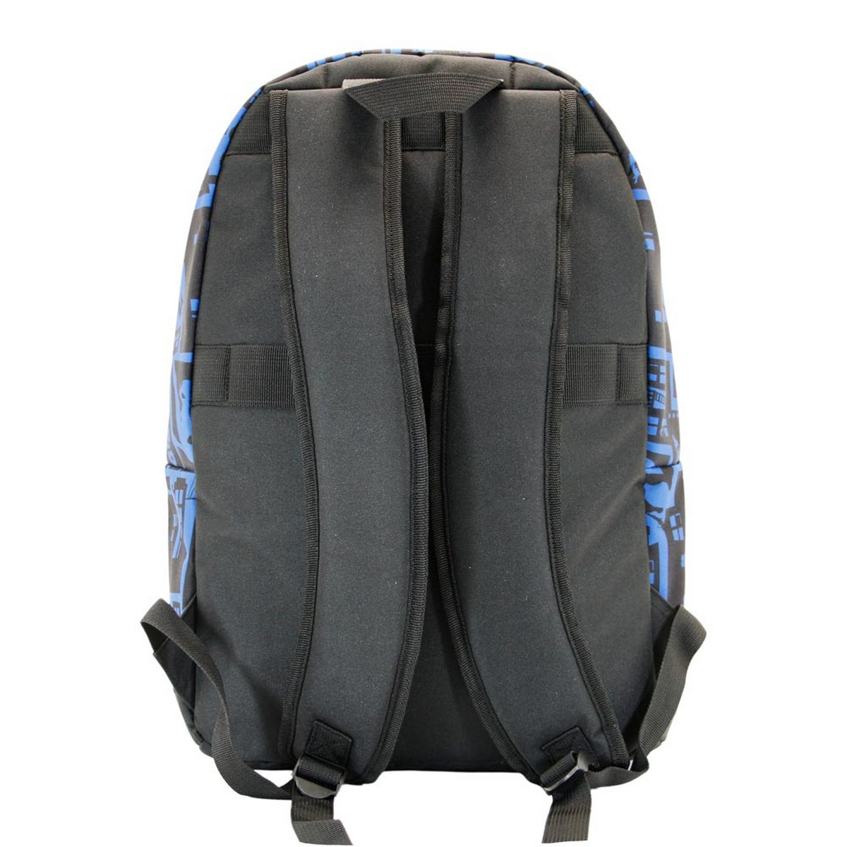 Mochila negra con diseño azul tipo grafiti y correas acolchadas.