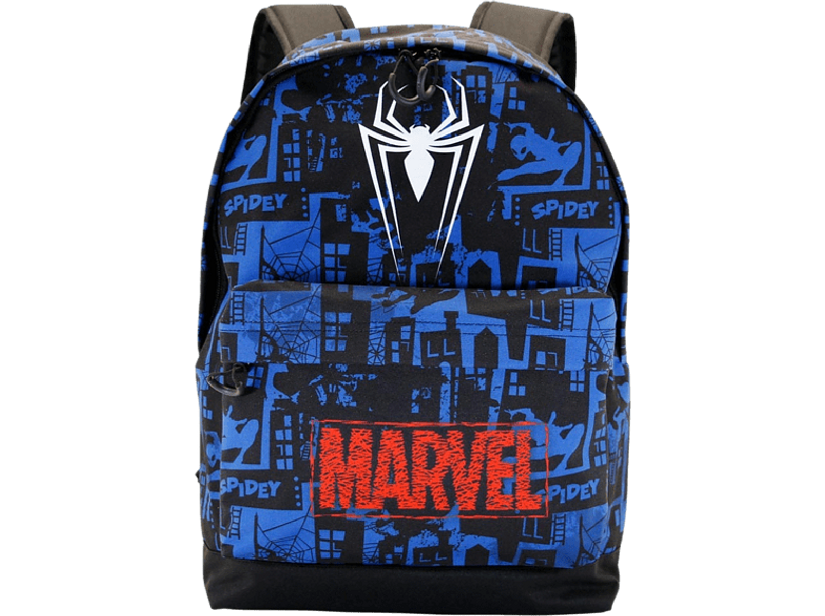 Una mochila azul con el logo de Spider-Man, logo de Marvel y patrón de ciudad.