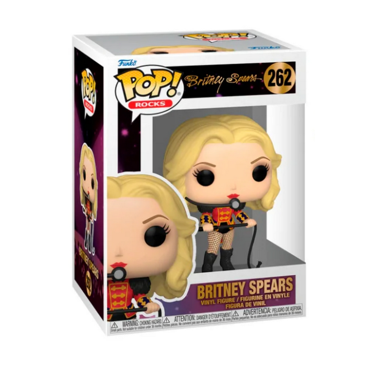 Figura Funko Pop di Britney Spears in una scatola, con un abito rosso e nero.