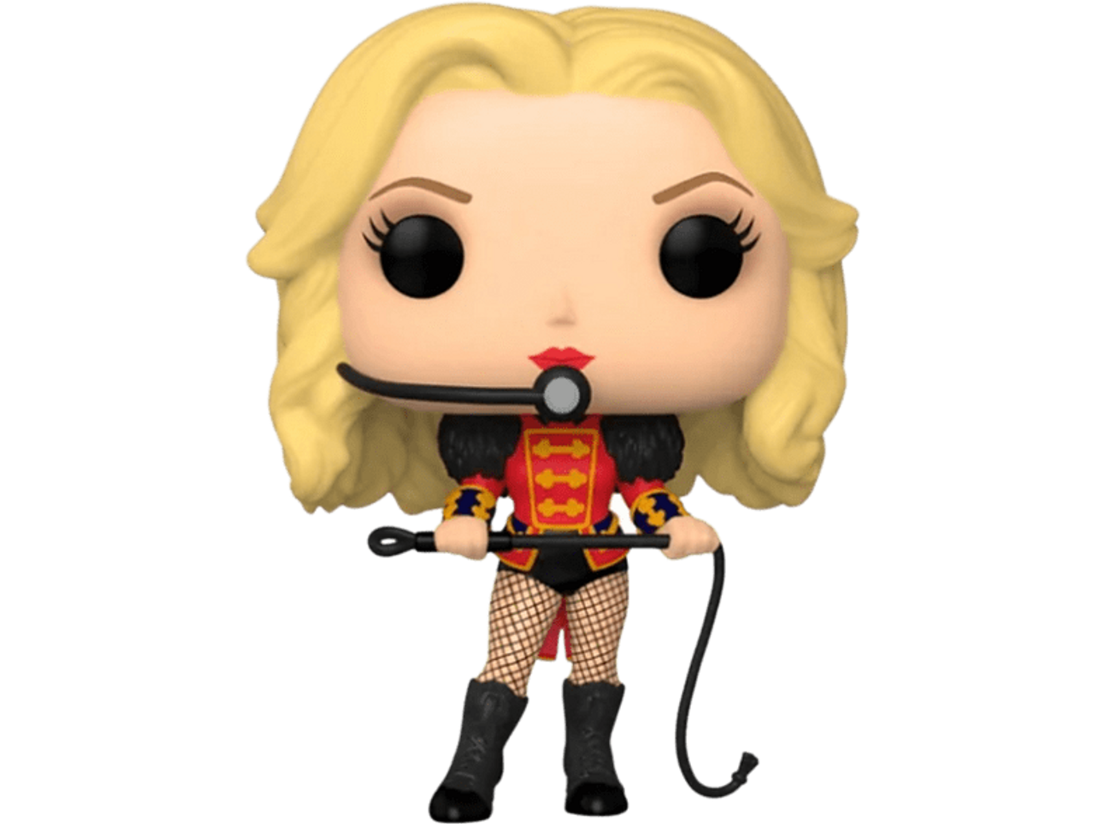 Una figura Funko Pop di una donna bionda in abito rosso e nero, con una frusta e un microfono.
