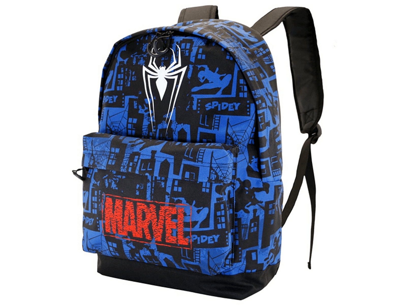 Mochila azul y negra de Spider-Man con logo de Marvel y silueta de ciudad.