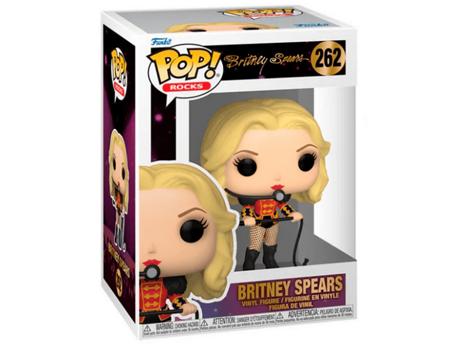 Funko Pop di Britney Spears in una scatola. Indossa un completo rosso e nero con un microfono.