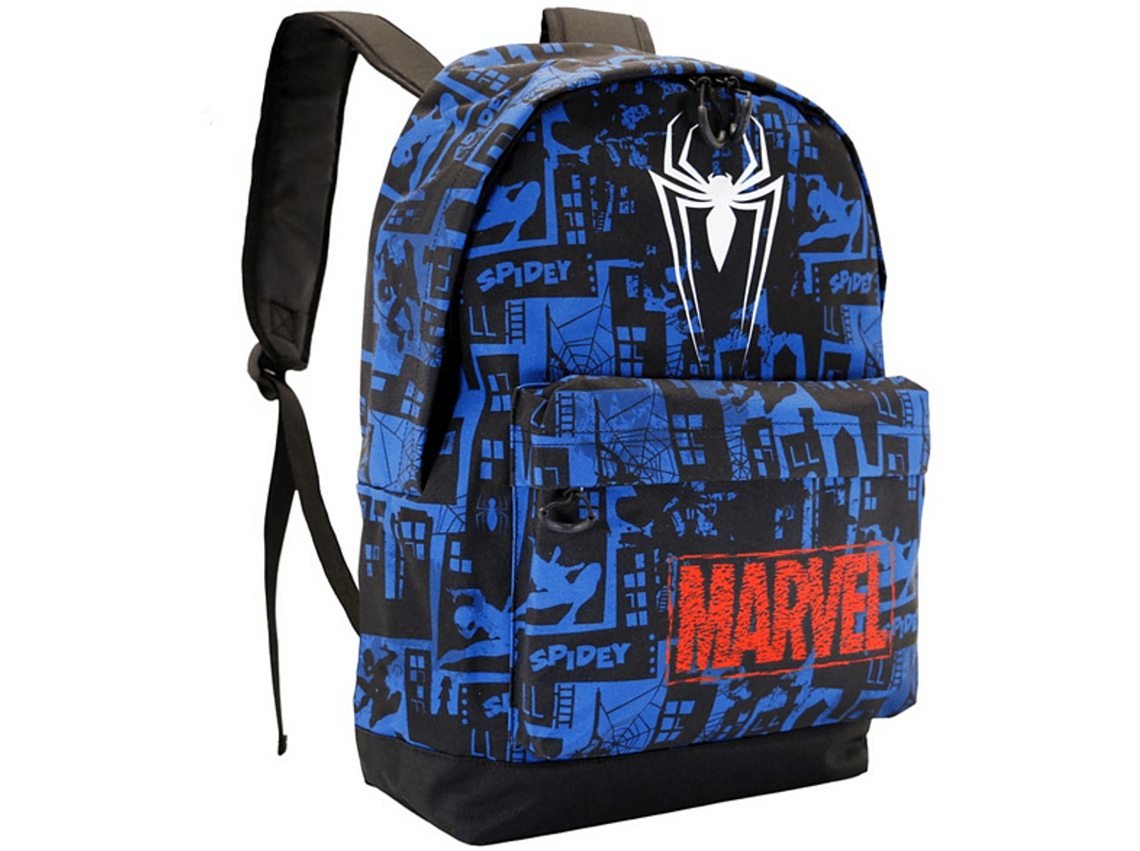 Mochila azul y negra de Spider-Man con varios gráficos relacionados con Spider-Man y un logotipo de Marvel.