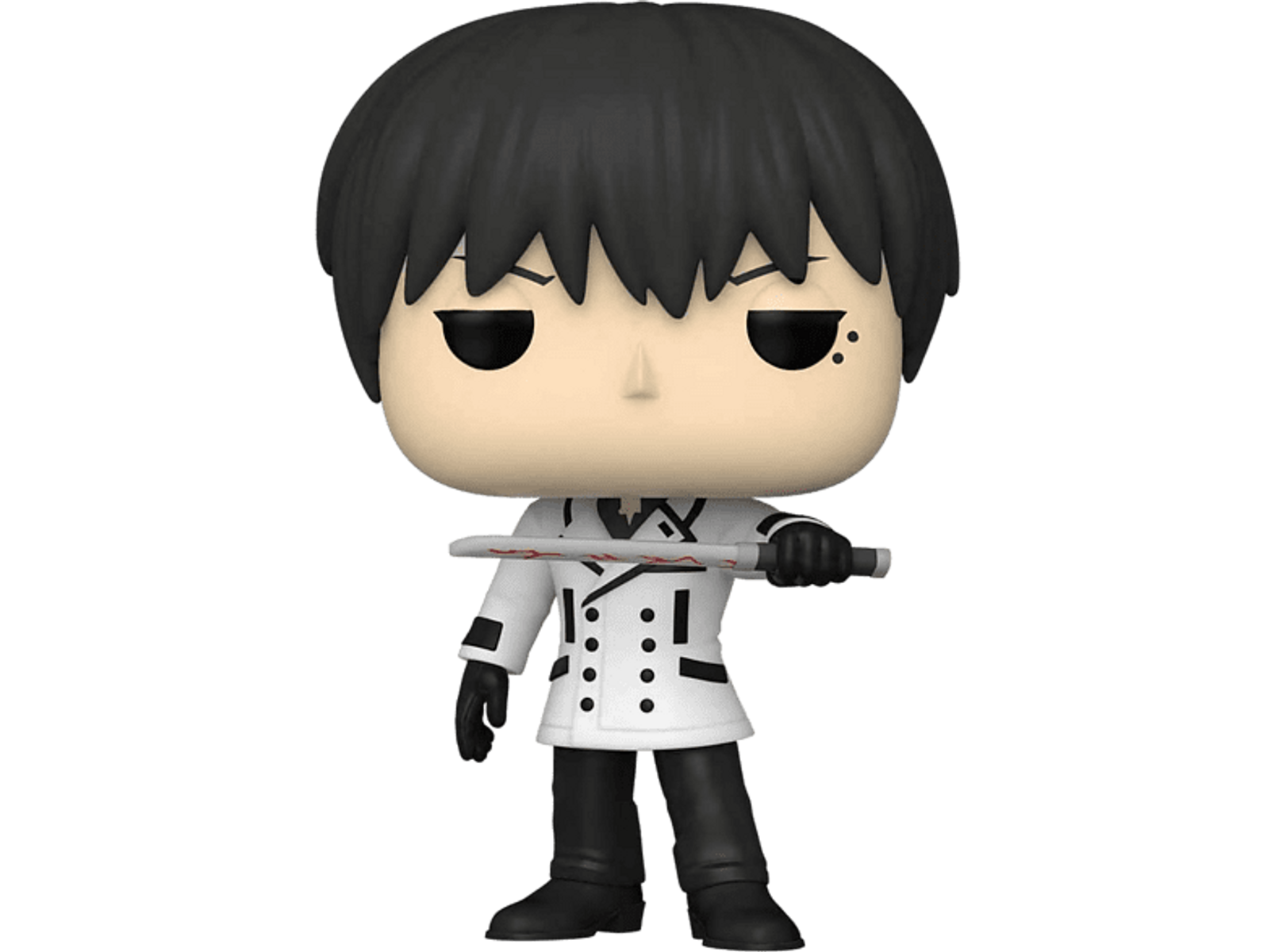 Funko Pop! Character with black hair, white coat, holding a bloody knife. On black background.