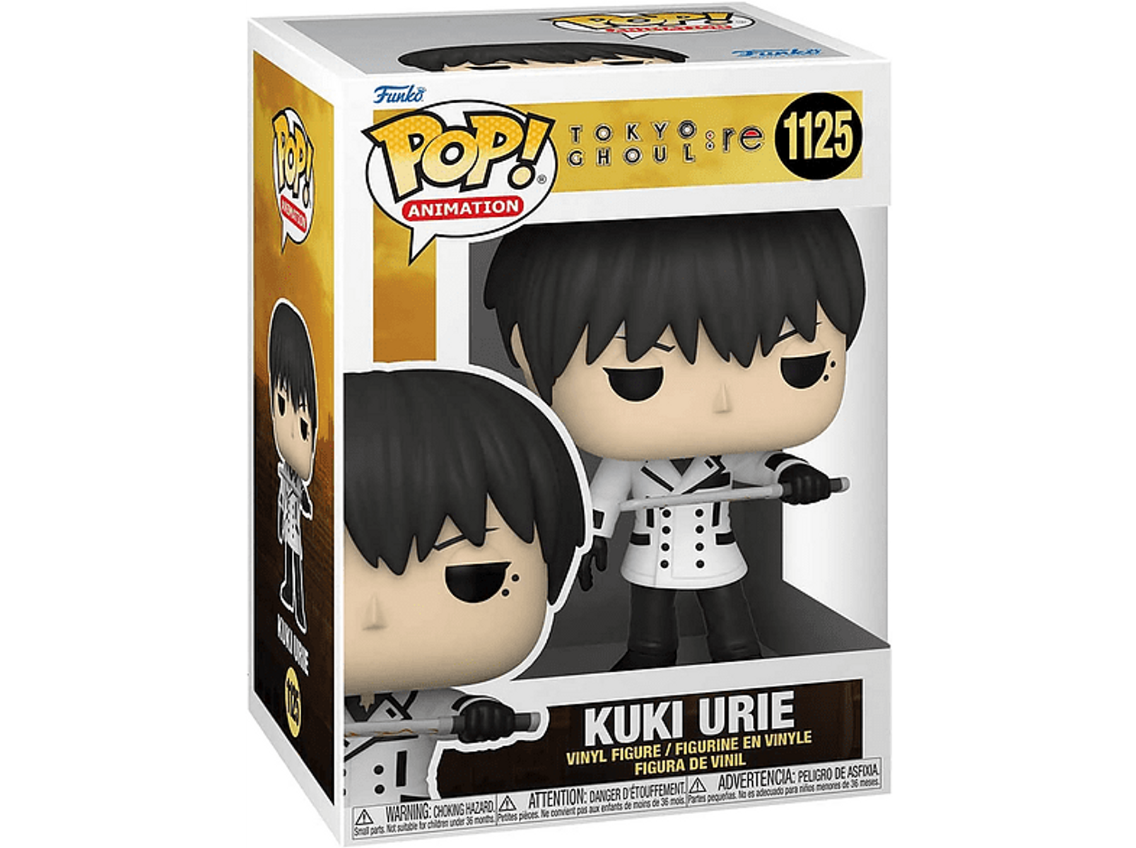 A Funko Pop figure of Kuki Urie from Tokyo Ghoul. The figure is in a box. The character holds a weapon.